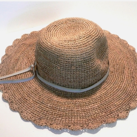 Liz Claiborne Floppy Sun Hat with Ribbon and Wooden Bead Raffia Crochet Straw - Picture 2 of 8